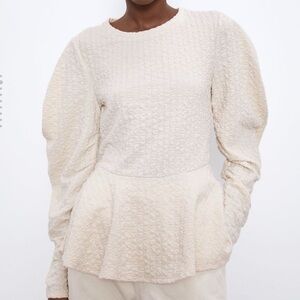 ZARA Cream Peplum Top, Blouse with Sleeve Ruching Details Size S